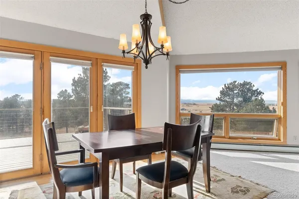 a view of a dining room with furniture window and outside view
