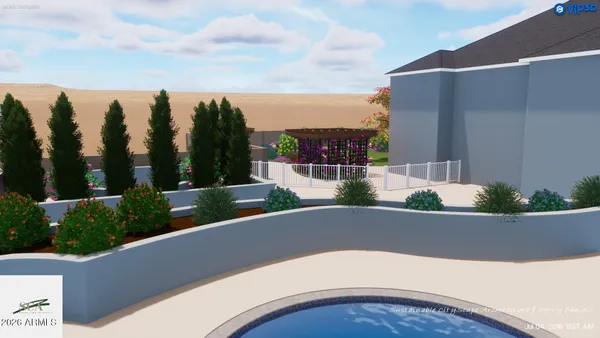 a view of a patio with swimming pool and green space