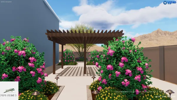 a view of a house with backyard sitting area and garden