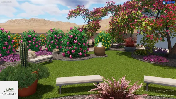 a yard with flowers and trees