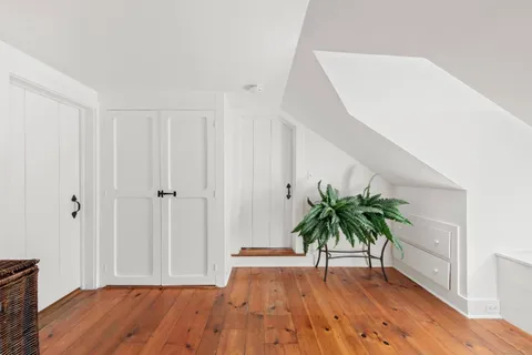 a view of a room with wooden floor and plant