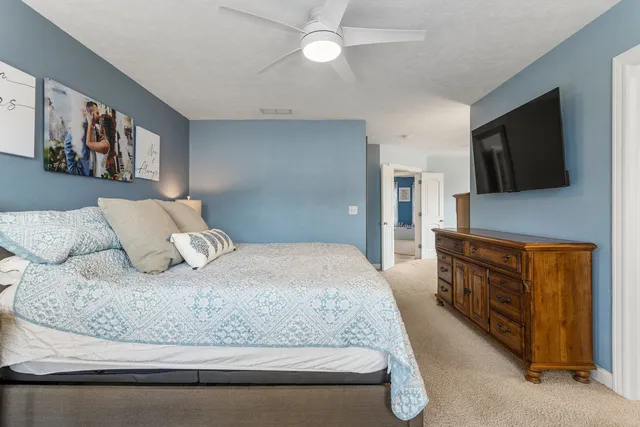 a bedroom with a large bed and a flat screen tv