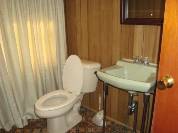 a bathroom with a toilet and a shower curtain