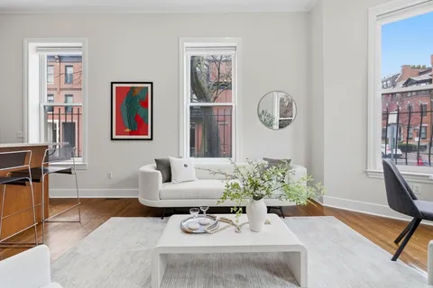 a living room with furniture and a potted plant