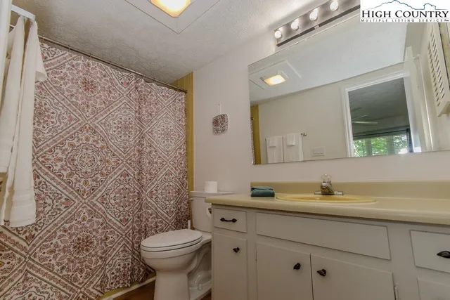 a bathroom with a sink a toilet and shower curtain