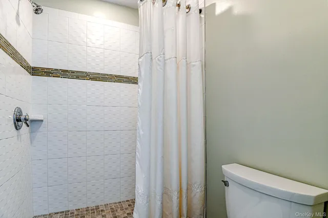 a bathroom with a shower and a toilet
