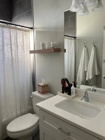 a bathroom with a sink a toilet and a mirror