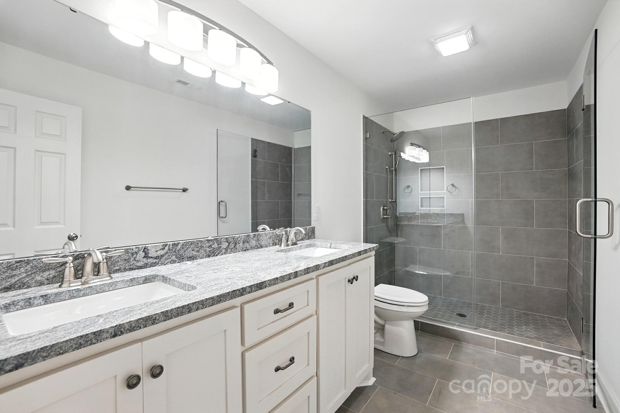 251 Lincoln Road York, SC 29745 - Photo 19 of 30 a bathroom with a granite countertop sink a toilet a mirror and shower