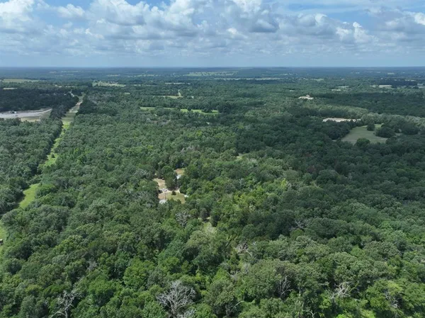 an aerial view of residential houses with outdoor space and trees