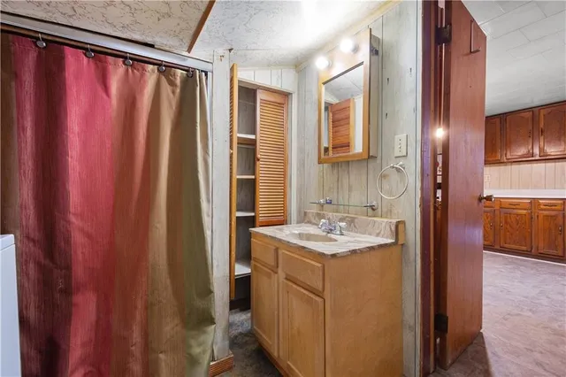 a bathroom with a sink a mirror and a shower