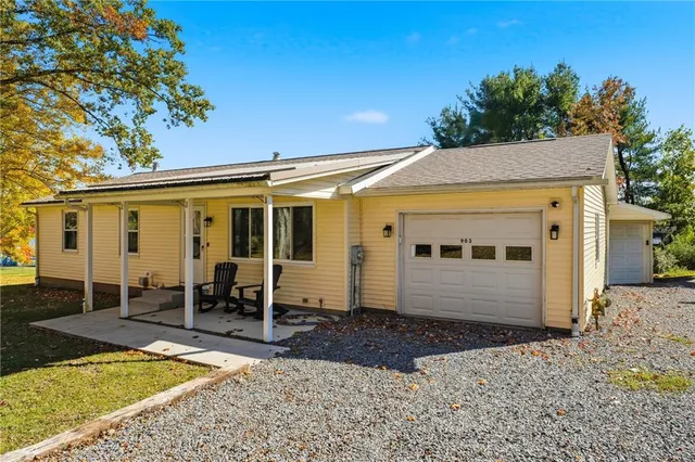 front view of a house with patio