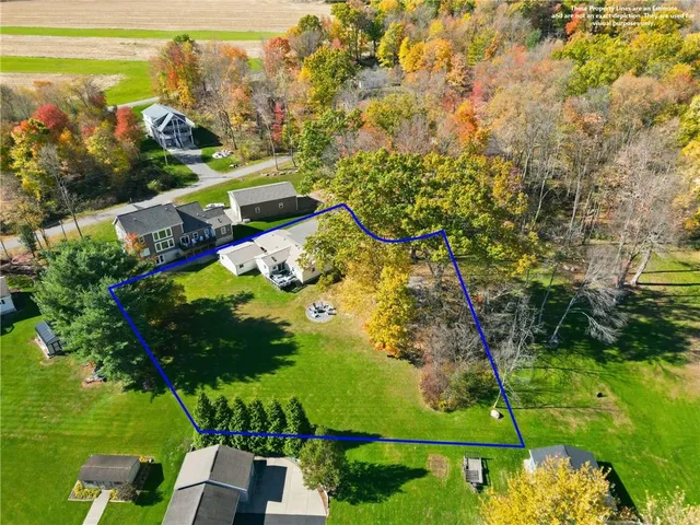 an aerial view of a residential houses with outdoor space and trees all around