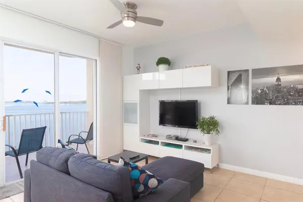 a living room with furniture and a floor to ceiling window