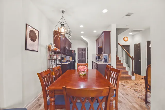 a view of a dining room with furniture