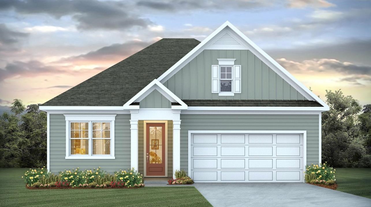 View of front of house featuring board and batten siding, roof with shingles, driveway, and a front lawn