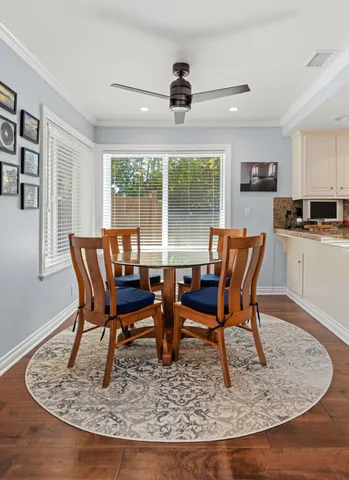 a view of a dining room with furniture