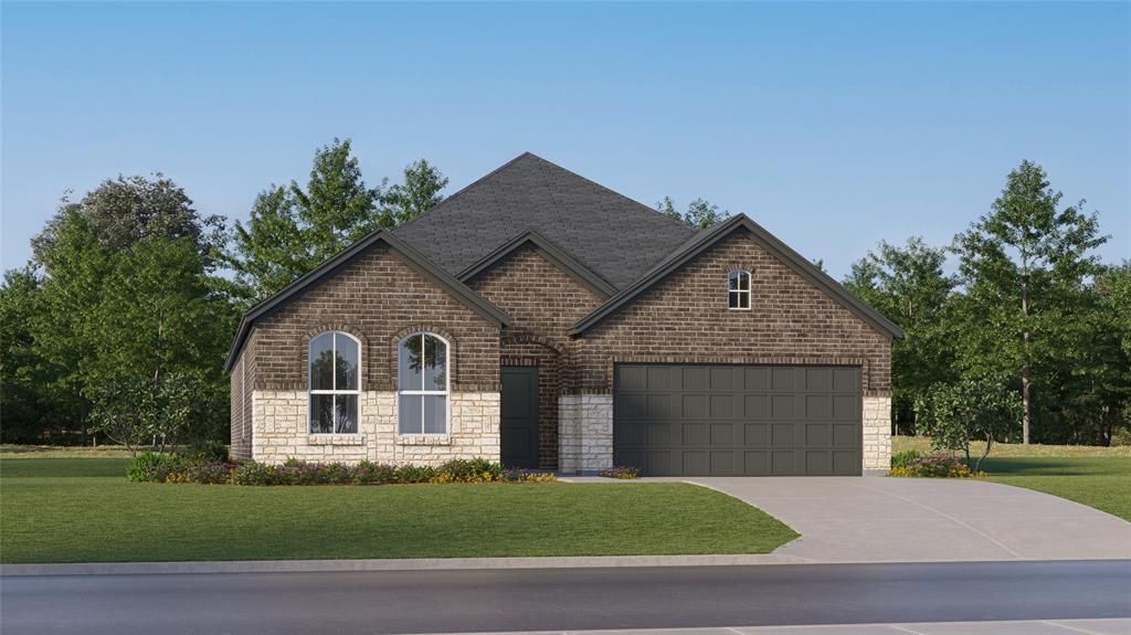 View of front of house featuring stone siding, a garage, concrete driveway, a front yard, and brick siding