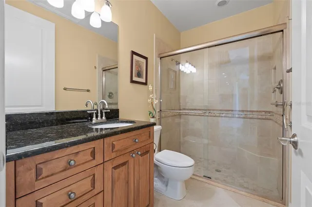 a spacious bathroom with a granite countertop sink a toilet a mirror and shower