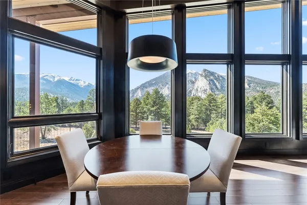 a view of a dining room with furniture window and wooden floor