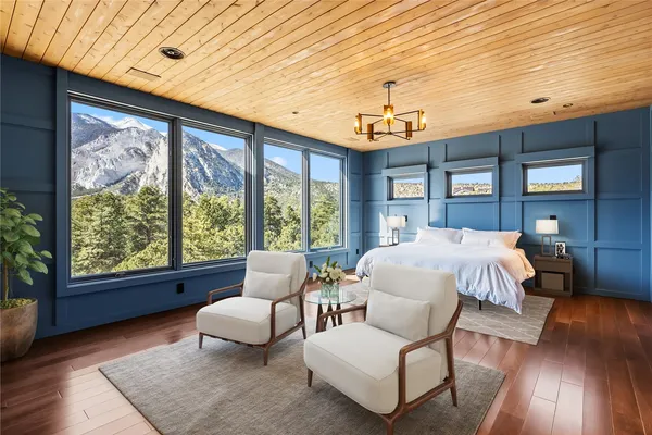 a spacious bedroom with a bed and glass window