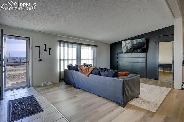 a living room with furniture and a rug