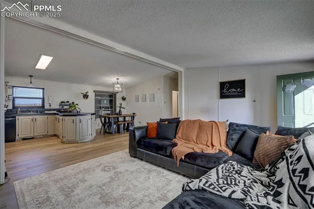 a living room with furniture and kitchen view