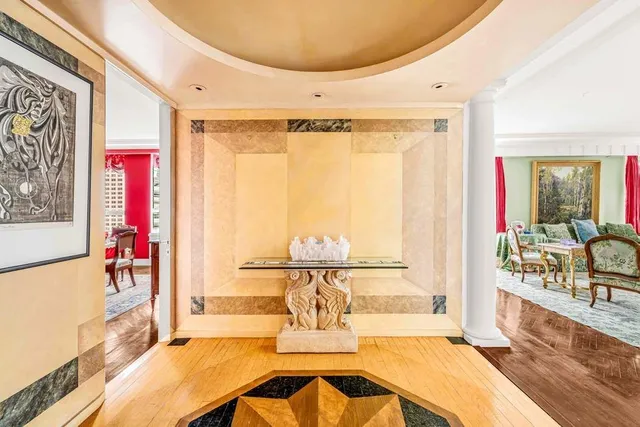 a dining room with large window