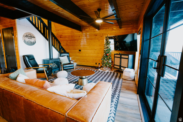 1413 Basel Drive Midway, UT 84049 - Photo 6 of 137 Living area featuring wood walls, a ceiling fan, a wood ceiling with exposed beams, and wood finished floors