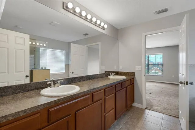 a bathroom with a granite countertop sink and a mirror