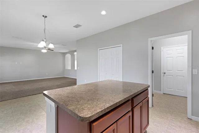 a kitchen with kitchen island a counter space and wooden floor