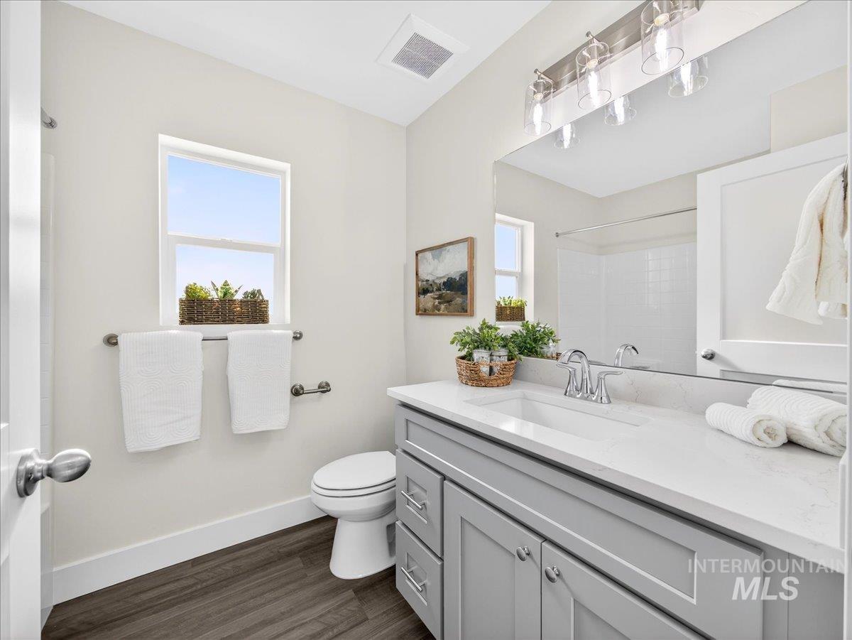 1410 Regency Way Emmett, ID 83617 - Photo 30 of 46 Bathroom with vanity, dark wood-style flooring, plenty of natural light, and a shower