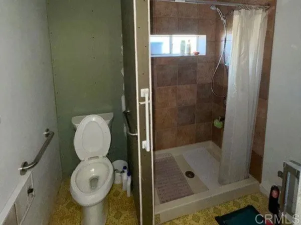 a bathroom with a shower and toilet