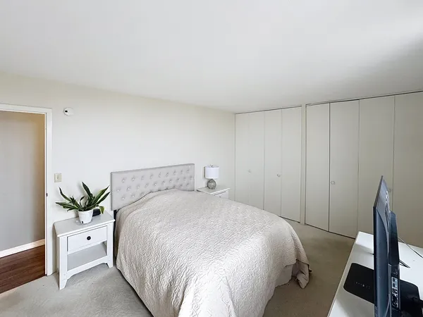 a bed room with a bed and a potted plant