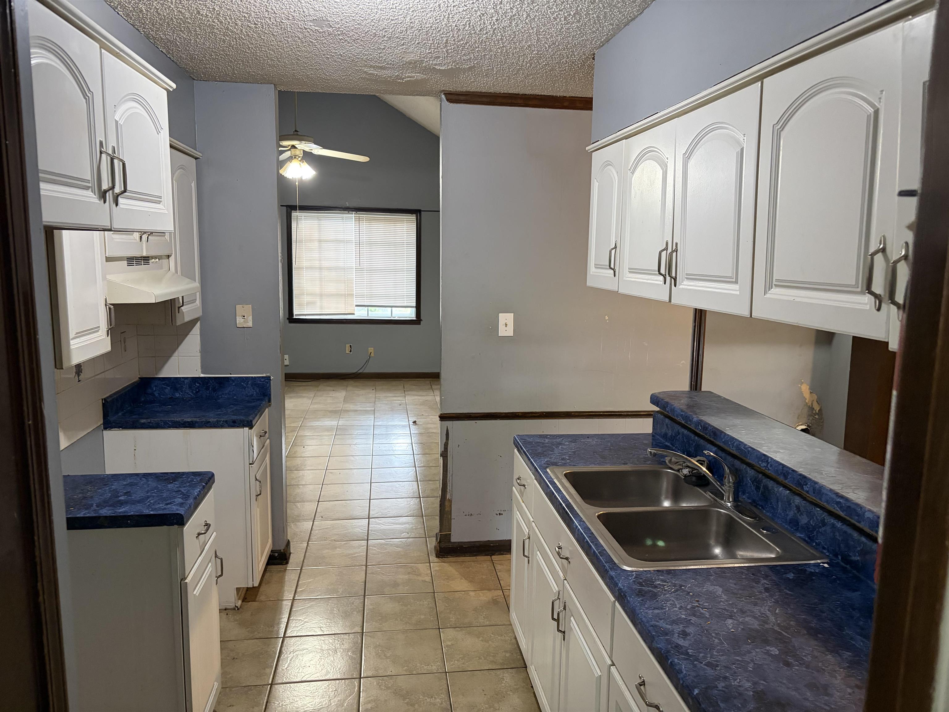4993 Cedar View Road Memphis, TN 38118 - Photo 23 of 23 Galley kitchen featuring white cabinetry, blue speckled countertops, and a double basin stainless steel sink