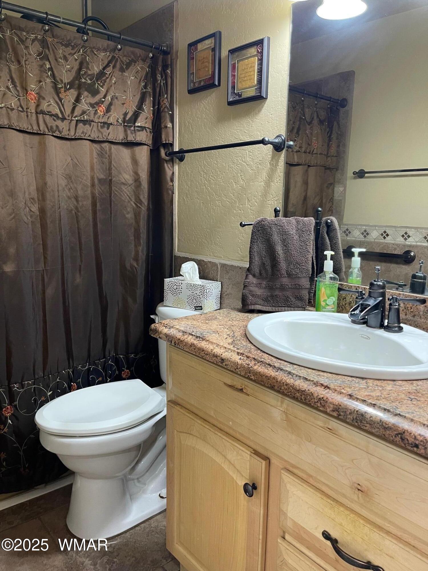 183 North Becker Lake Road Springerville, AZ 85938 - Photo 23 of 41 a bathroom with a granite countertop sink a toilet a mirror and shower