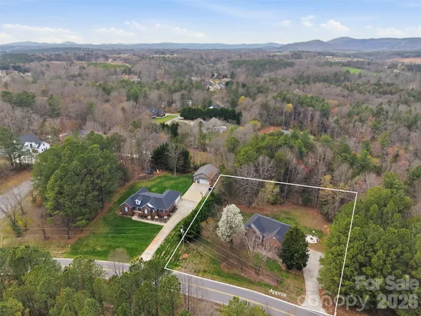 an aerial view of a garden with mountain view