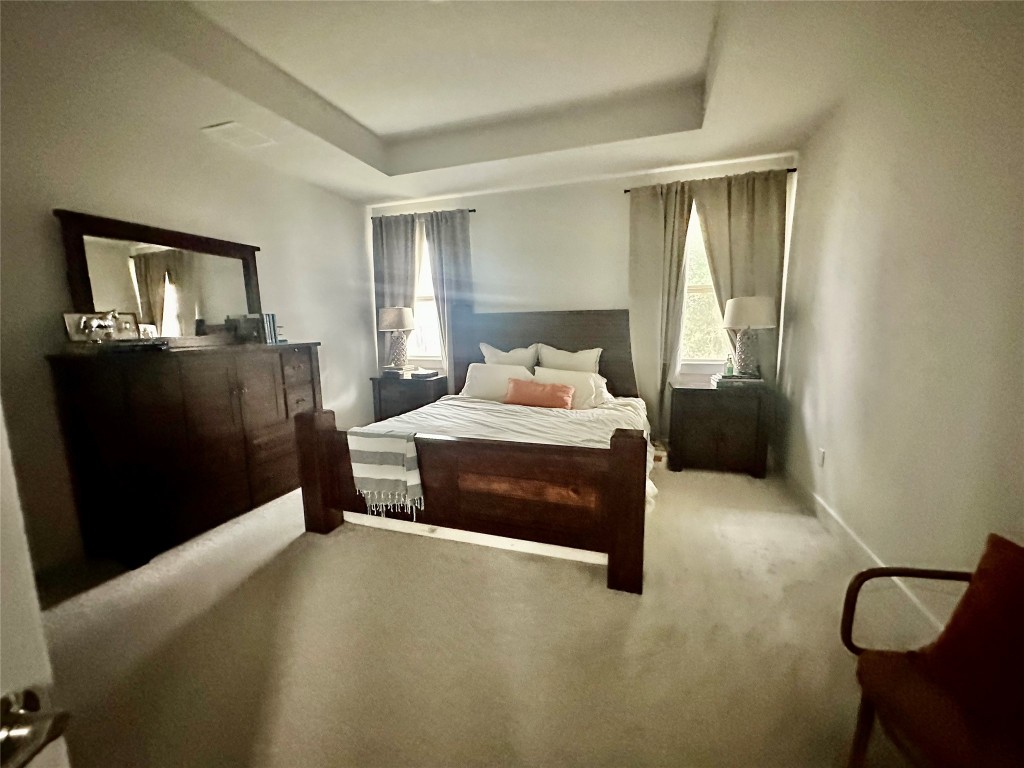 8600 Cumbrae Lane Austin, TX 78744 - Photo 8 of 29 Bedroom with carpet and a tray ceiling