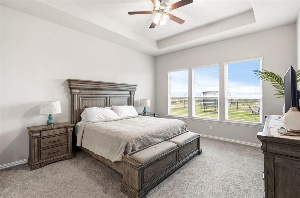 107 Yampa Court Rhome, TX 76078 - Photo 24 of 30 Bedroom featuring a tray ceiling, ceiling fan, and three large windows