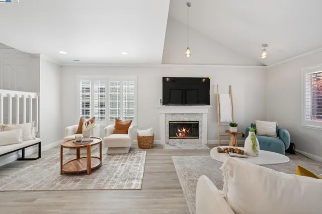 a living room with furniture a fireplace and a flat screen tv