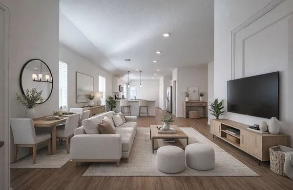 a living room with furniture a flat screen tv and a large window
