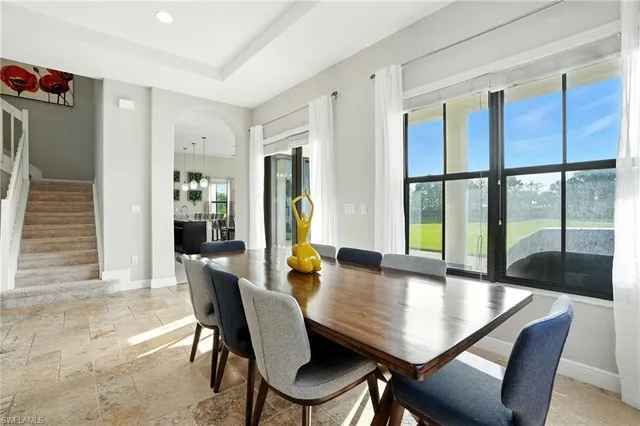 a view of a dining room with furniture and window