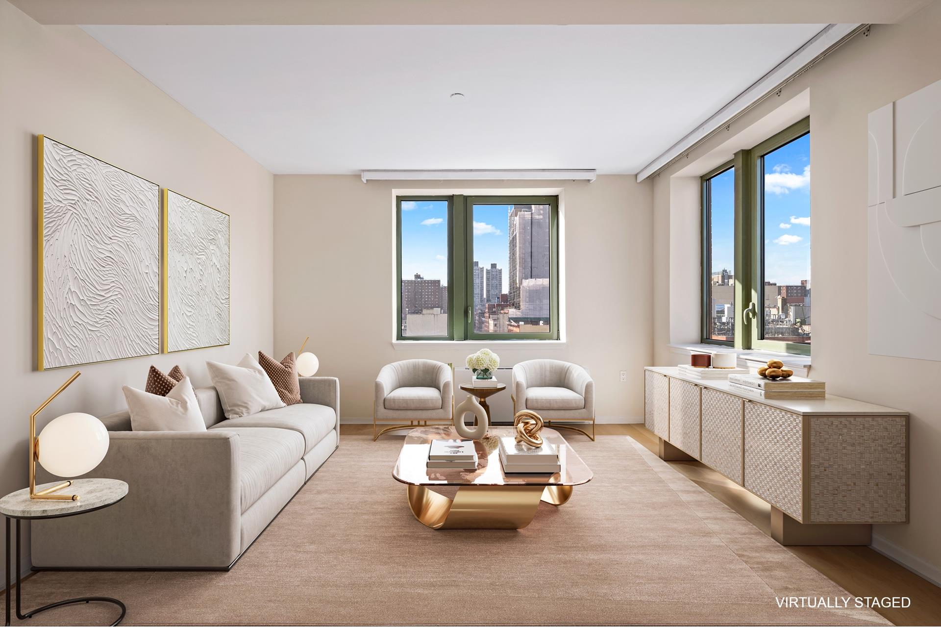 a living room with furniture and large windows