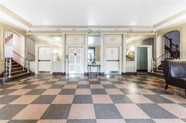a view of a black and white checkered floor