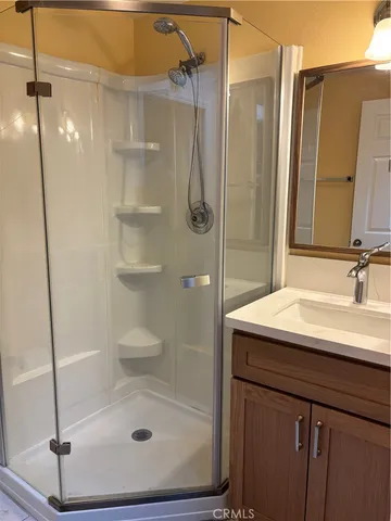 a bathroom with a shower sink and mirror