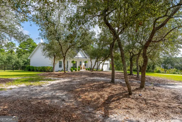 a front view of house with yard and green space