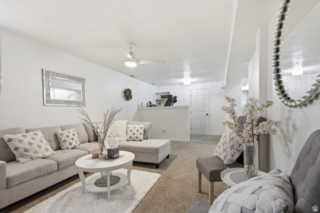 830 North Stone Road Snowville, UT 84336 - Photo 16 of 69 Living room with ceiling fan and light colored carpet