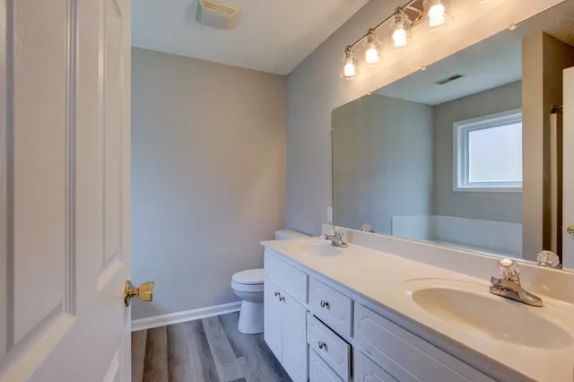 a bathroom with a sink a toilet and a mirror