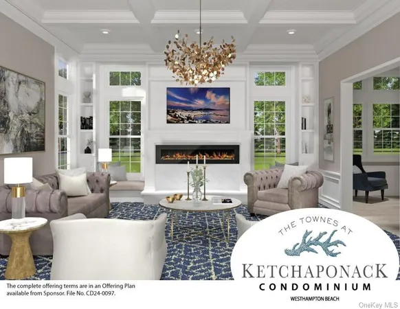 a living room with furniture a large window and a chandelier