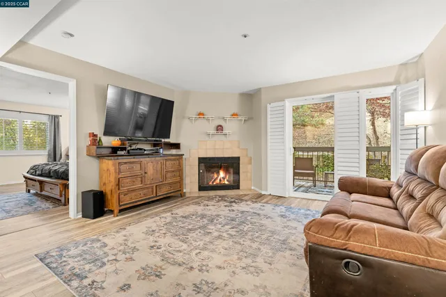 a living room with furniture a flat screen tv and a fireplace