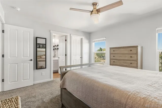 a bedroom with a bed and cabinets